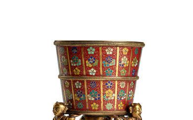 A RARE IMPERIAL-TYPE RED-GROUND CLOISONNE ENAMEL VESSEL ON GILT REPOUSSE...