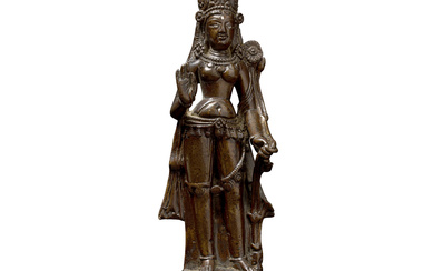A RARE SILVER-INLAID AND INSCRIBED BRONZE FIGURE OF TARA KASHMIR, 9TH-10TH CENTURY