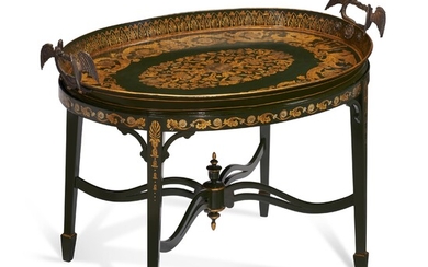 A REGENCY TOLE PEINTE TRAY ON LATER STAND