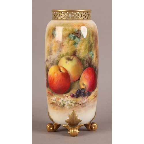 A ROYAL WORCESTER FRUIT PAINTED VASE, signed Ricketts, cylin...