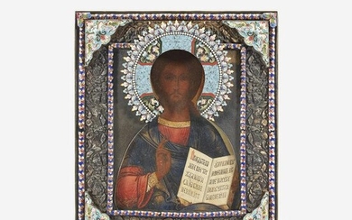 A Russian silver and cloisonné enamel icon of Christ