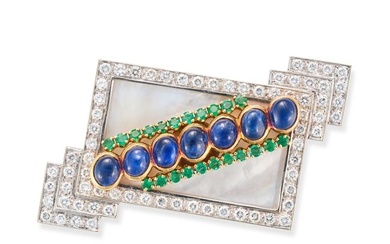 A SAPPHIRE, DIAMOND, EMERALD AND MOTHER OF PEARL BROOCH comprising a rectangular mother of pearl ...