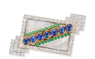 A SAPPHIRE, DIAMOND, EMERALD AND MOTHER OF PEARL B ...