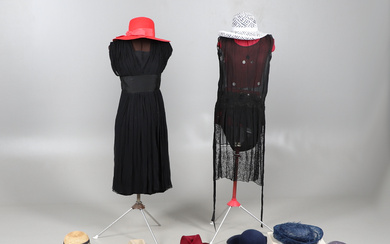 A SELECTION OF VINTAGE HATS CIRCA 1960/70, A 1920S SILK DRESS, STETSON HATS, DRESSES ETC.