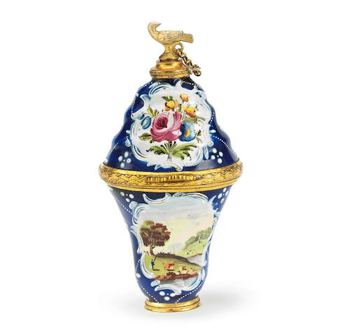 A South Staffordshire enamel combined scent bottle and bonbonniere, circa 1770