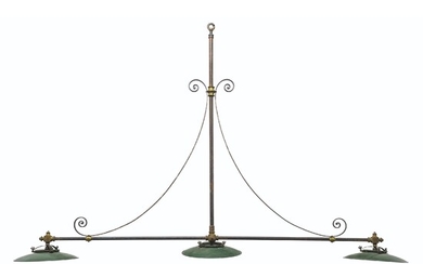 A TÔLE AND PARCEL-GILT WROUGHT AND CAST-IRON THREE-BRANCH HANGING-LIGHT