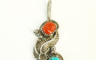 A VINTAGE NATIVE AMERICAN STERLING SILVER TURQUOISE AND CORAL PENDANT