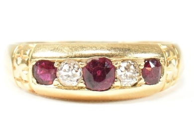 A Victorian 18ct gold ruby and diamond five stone ring. The ...