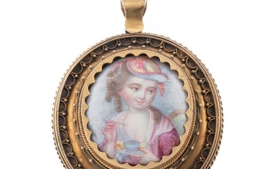 A Victorian Hand-Painted Porcelain Pendant in 14K