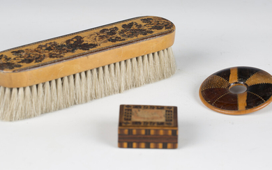 A Victorian Tunbridge ware stamp box, length 4cm, a Tunbridge ware brooch and a clothes brush.