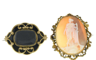 A Victorian black enamel hairwork mourning brooch, together with a shell cameo brooch.