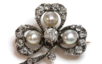 A Victorian diamond and pearl set shamrock brooch, c.1890
