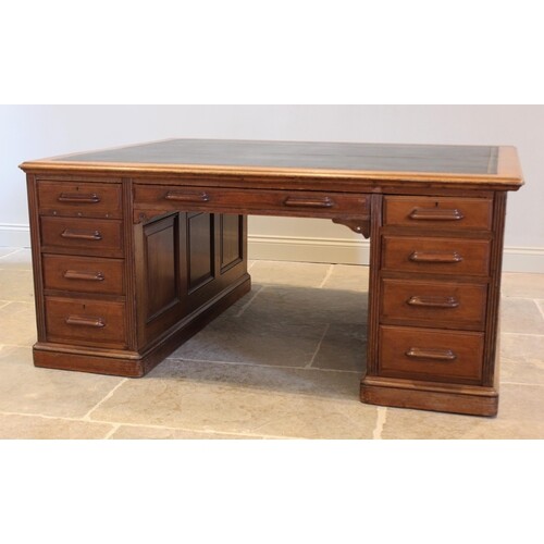 A Victorian mahogany twin pedestal partners desk, the rectan...