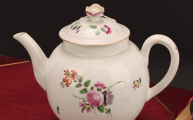 A Worcester globular teapot and cover, painted with floral b...