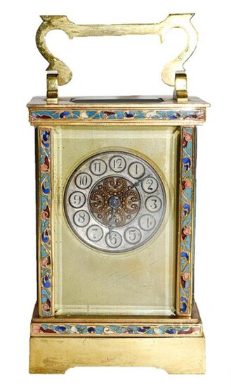 A brass and champleve enamel carriage timepiece, circa 1900