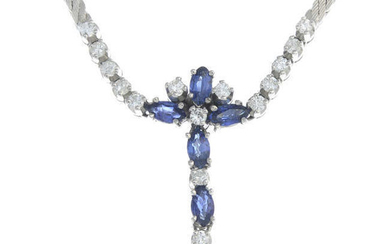 A brilliant-cut diamond and marquise-shape sapphire floral necklace.