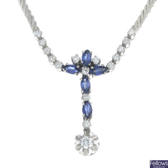 A brilliant-cut diamond and marquise-shape sapphire floral necklace.