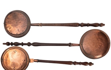 A collection of six various brass and copper warming pans, 1...