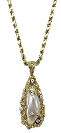 A cultured freshwater pearl and diamond pendant, centring on a freshwater cultured pearl drop within a textured surround accented with brilliant-cut diamonds, to a rope work chain, stamped 14kt, length approximately 57cm, gross weight approximately...