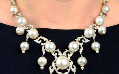 A cultured pearl and diamond necklace, by Farah Khan.
