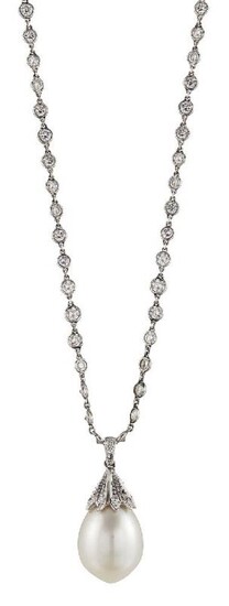 A cultured pearl and diamond pendant necklace,...