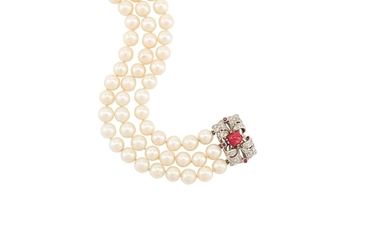 A cultured pearl, ruby and diamond bracelet