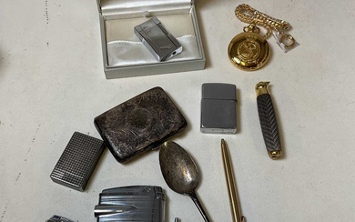 A damaged hallmarked silver cigarette case, a silver spoon, various...