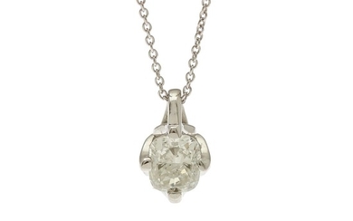 A diamond solitaire pendant set with a cushion-cut diamond, app. 0.50 ct., mounted in 14k white gold on a 14k white gold necklace. (2)