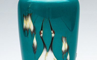 A fine Japanese cloisonne vase featuring courting cranes on a...