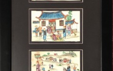A framed set of five Chinese ink and watercolour on paper paintings, framed size 70 x 31cm scene size 30 x 8cm.