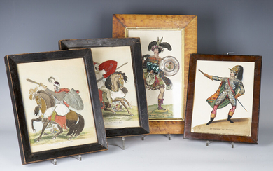 A group of four 19th century engravings of historical characters, all embellished with hand-colourin