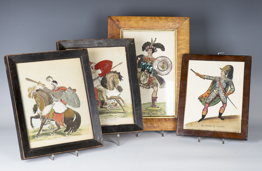 A group of four 19th century engravings of historical characters, all embellished with hand-colourin