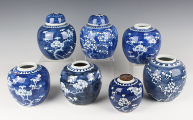 A group of seven Chinese blue and white porcelain ginger jars and two covers, early 20th century, ea