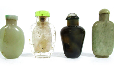 A jade snuff bottle and three other mineral bottles, all with stoppers