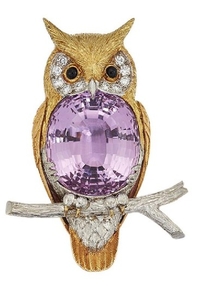 A kunzite and diamond owl brooch, modelled...