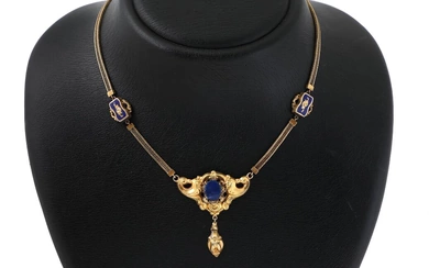 A lapis lazuli and enamel necklace set with a polished lapis lazuli...