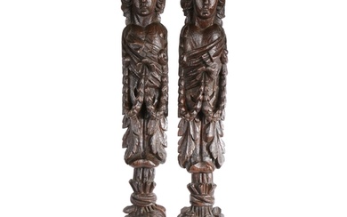 A large and impressive pair of 17th century oak figural term...