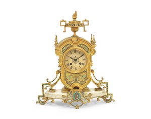 A late 19th century French Champleve enamel, gilt bronze and cream onyx mantel clock