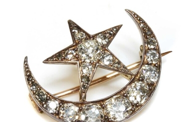 A late Victorian diamond set crescent and star brooch