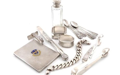 A mixed lot of silver items, comprising: a silver and enamel cigarette case, by The Adie Brothers, Birmingham 1930, rectangular form, engine-turned decoration, enamelled with the arms of Bedford Modern School, inscribed, plus a set of teaspoons and...