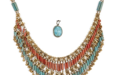 A modern re-strung tiered necklace, composed of a lower tier of Egyptian blue glazed faience cylindrical mummy beads, Late Dynastic Period; cylindrical carnelian beads, with metal component mountings, and a blue glazed faience scarab set into a...