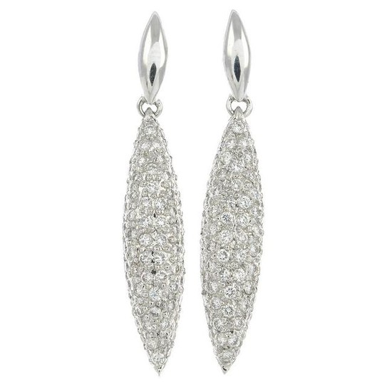 A pair of 18ct gold diamond drop earrings.Total diamond