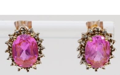 A pair of 375 gold synthetic pink sapphire and diamond stud ...