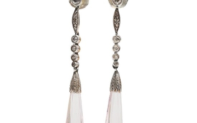 A pair of Belle Époque rose quartz and diamond earrings set with...