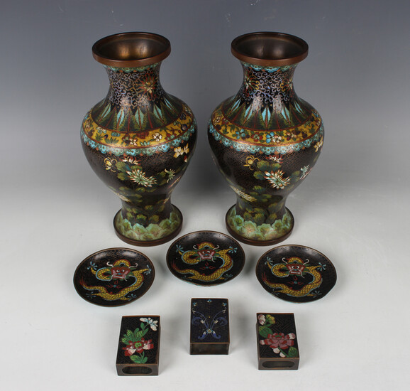 A pair of Chinese cloisonné vases, early 20th century, each baluster body decorated with flower