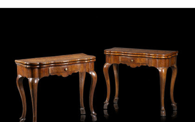 A pair of Emilian 18th-century mahogany and walnut veneered and inlaid gaming tables (closed cm 93,5x77,5x40) (defects and restorations)