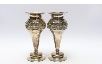 A pair of George V silver mounted posy vases, with engraved ...