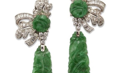 A pair of Jadeite jade and diamond pendant earrings, each designed as a claw-set carved circular jade disc and diamond and baguette diamond floral cluster clip, suspending a detachable carved jade tapering panel drop with diamond surmount, c.1950...