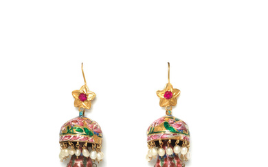 A pair of Qajar gem-set enamelled gold earrings Persia, 19th...
