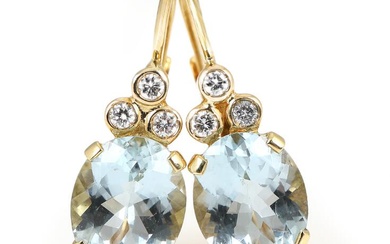 A pair of aquamarine and diamond ear pendants set with an oval-cut...